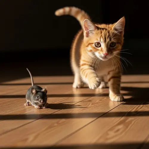 Black Mouse Chased by Ginger Cat - A Feline Pursuit