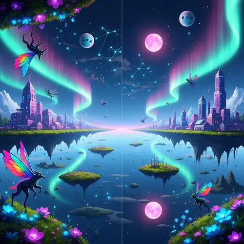 Surreal Parallel Universe with Neon Auroras and Bioluminescent Flora