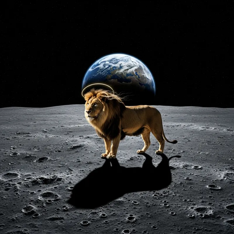 Majestic Lion on Moon: Ethereal Scene with Earthlight
