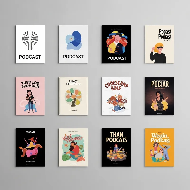 Unique Podcast Cover Wall Display | Diverse Designs on Neutral Background