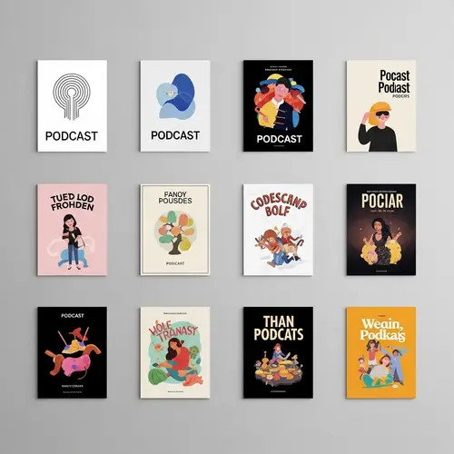 Podcast Covers Gallery: Explore Diverse Designs on Neutral Wall