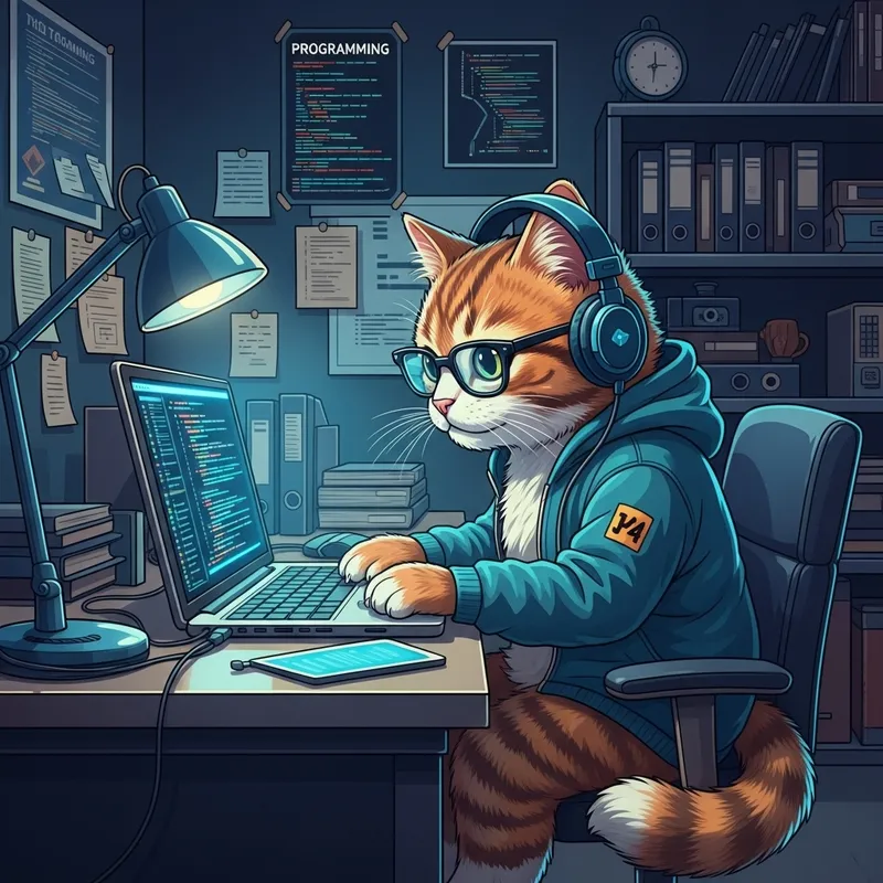 Cool Cat Programmer at Laptop in High-Tech Office