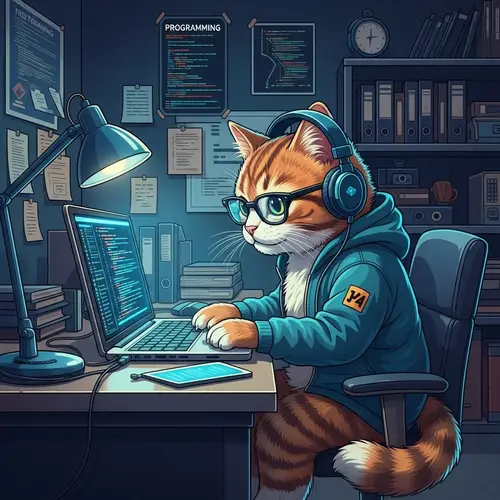 Cool Cat Programmer at Laptop in High-Tech Office