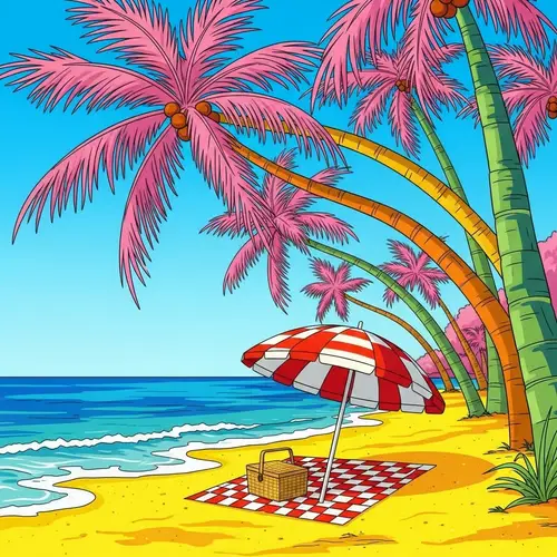 Vibrant Pop Art Beach Scene with Whimsical Palm Trees