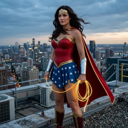 Powerful Superheroine with Dark Hair in Red & Blue Costume