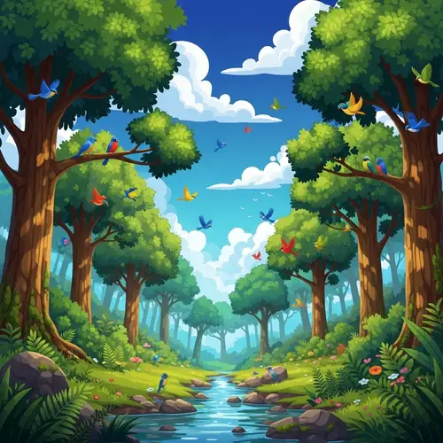 Cartoon Forest Wallpaper with Birds and Water