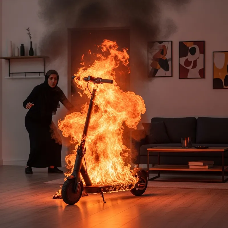 Dramatic Home Incident: Woman Escaping from Burning E-Scooter
