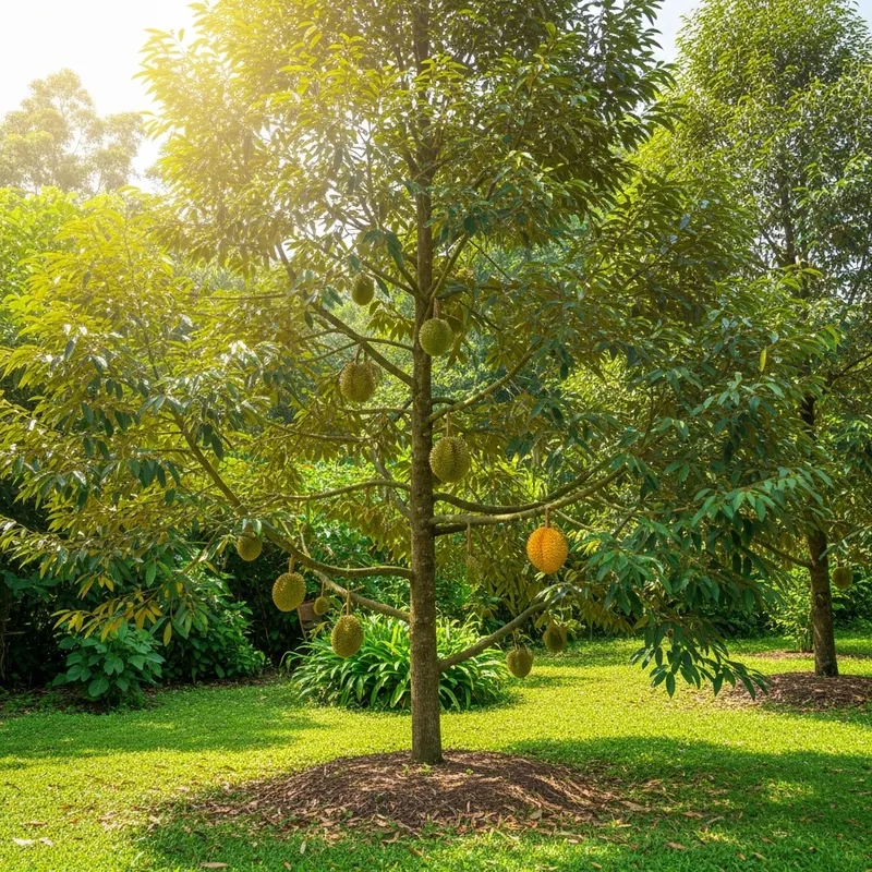 Lush Garden with Durian Tree and Subtropical Plants