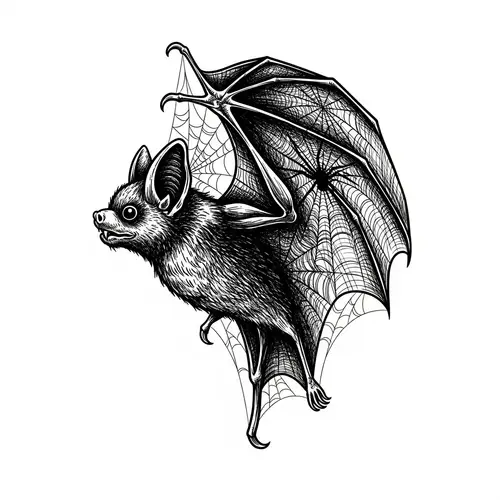 Horror-Style Black and White Bat with Spider Web Wings