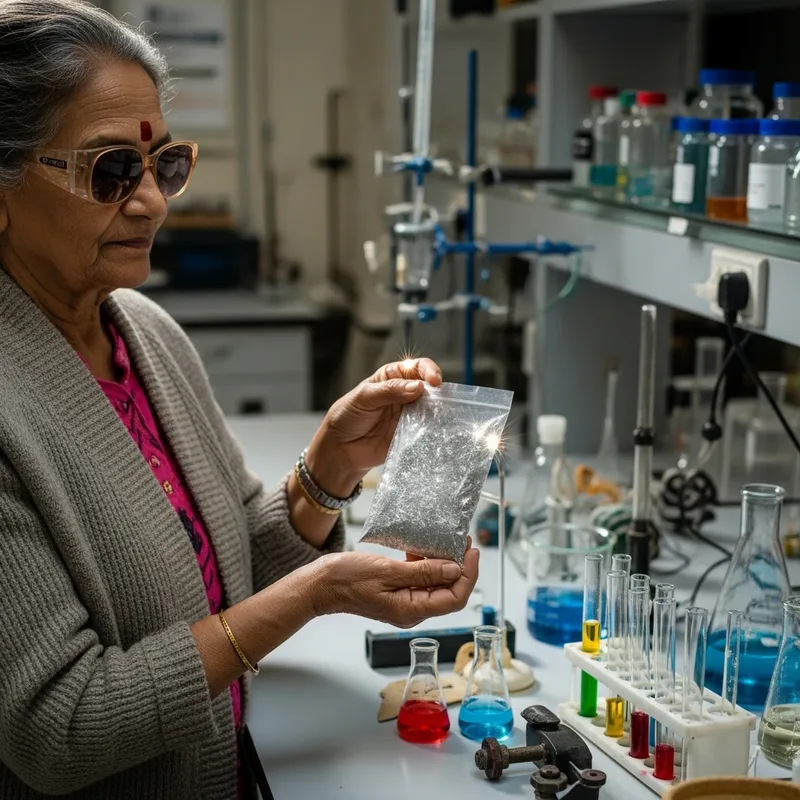 Elderly Woman with Mercury Powder in Laboratory Setting