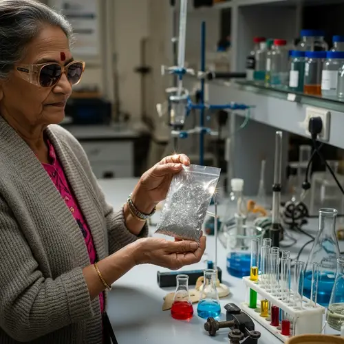 Elderly South Asian Woman with Mercury Powder in Laboratory