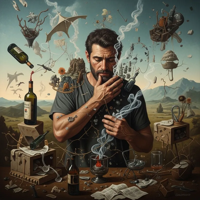 Surrealist Artwork with Symbolic Elements Depicting Substance Abuse