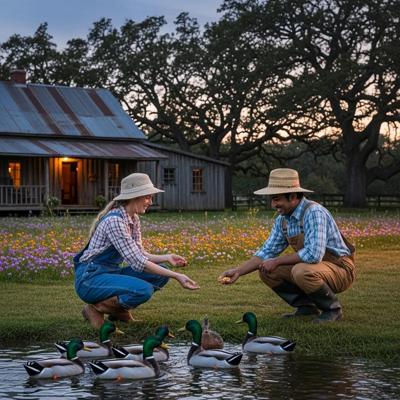 Duck Feeding - Rustic Farmhouse Scene at Twilight Duck Feeding - Rustic Farmhouse Scene at Twilight