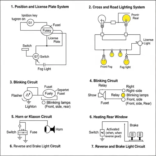 Car Circuits Bifilar Schematic: Lighting Systems, Horn, Heating Window, Blinking, Reverse Light