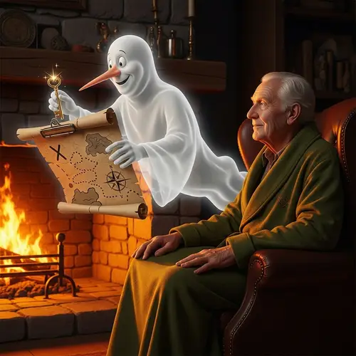 Elderly Man by Fireplace with Ghost, Key & Map