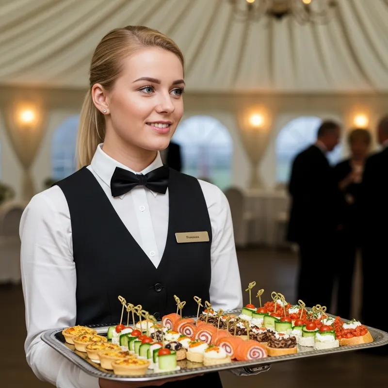 Blonde Waitress with Canapé Tray at Tent Event, Smiling
