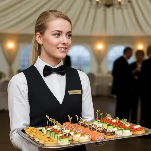 Realistic Blonde Waitress Serving Canapés in Catered Event