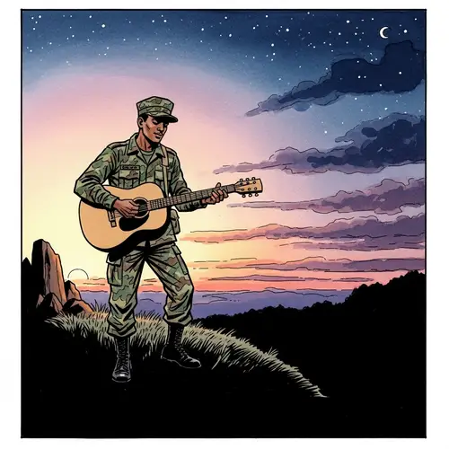 South Asian Male Soldier Sunset Guitar Serenade Sketch