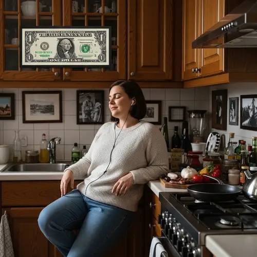 Attractive Lady Relaxing in Cozy Kitchen with Music