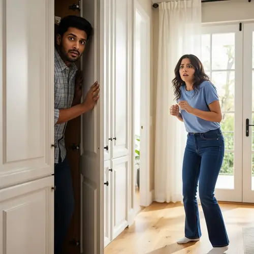 Tense Home Scene: Man Hiding in Cupboard, Woman Flustered