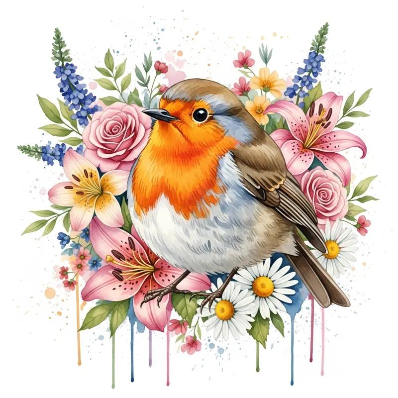 Chubby Robin Perched Amongst Vibrant Watercolor Flowers
