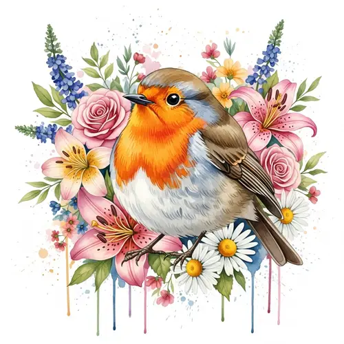 Realistic Watercolour Robin amongst Vibrant Flowers
