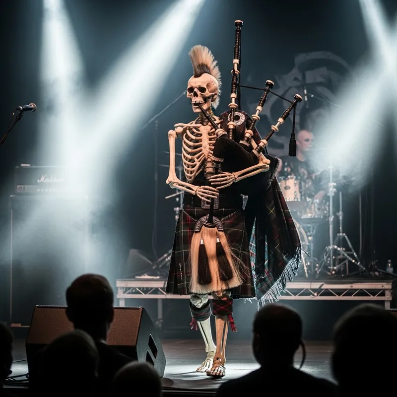 Skeleton Punk with Mohawk Playing Bagpipes in Scottish Kilt Skeleton Punk with Mohawk Playing Bagpipes in Scottish Kilt