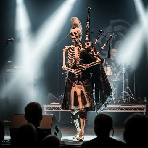 Punk Skeleton with Mohawk Playing Bagpipes in Scottish Attire