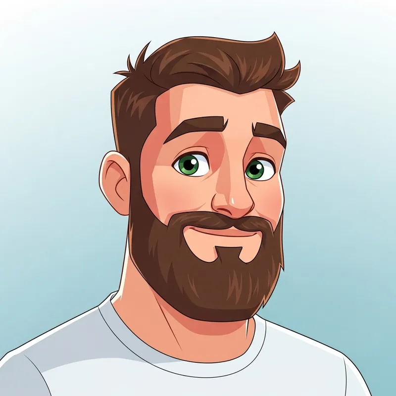 Cartoon Bearded Man with Green Eyes and Brown Hair