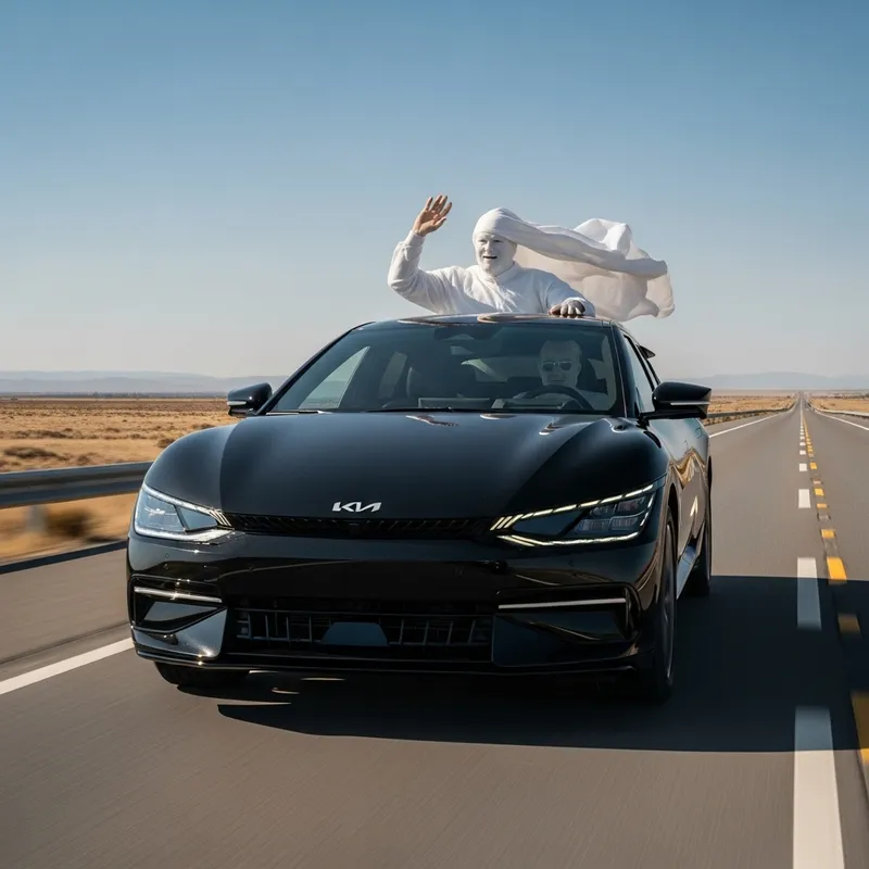 Ethereal White Ghost Driving Black KIA EV6 Speeding Down Highway