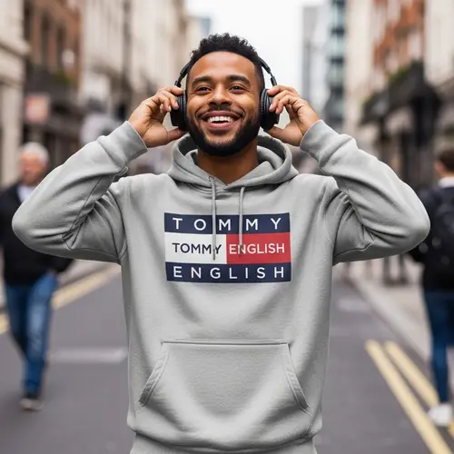 Happy Man Walking down City Street with Tommy English Hoodie