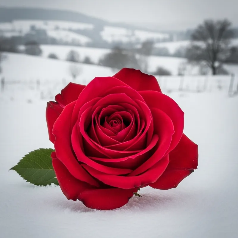 Vibrant Crimson Rose in Winter Wonderland - Romantic Floral Still Life