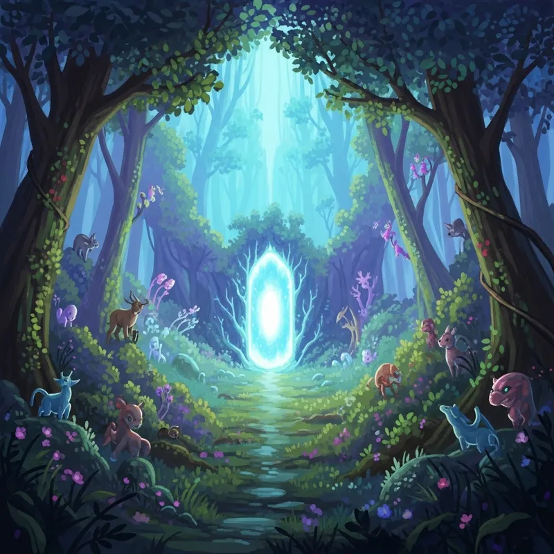 Ethereal Forest: Luminescent Portal & Magical Creatures