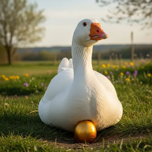 Tranquil Countryside Scene with Goose and Golden Egg