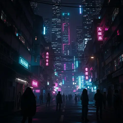 Enigmatic Labyrinthine Neon Cityscape at Night