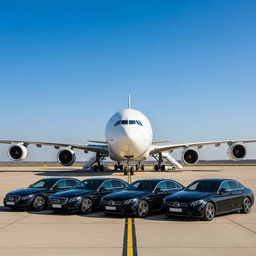 Sleek Black Mercedes Cars Parking in Front of Colossal Airplane