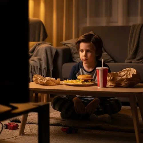 Young Boy Enjoys Restaurant Food Alone at Home