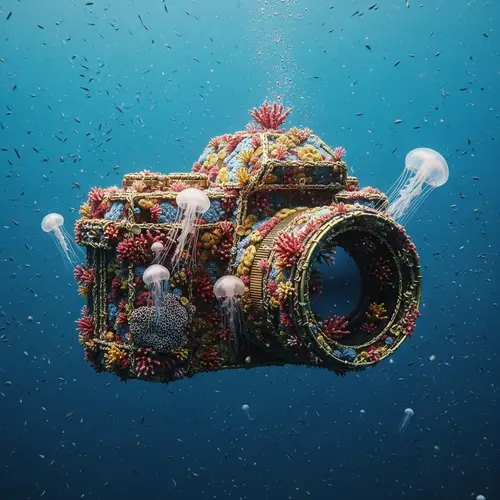 Underwater Coral Camera in Deep Blue Marine Abyss