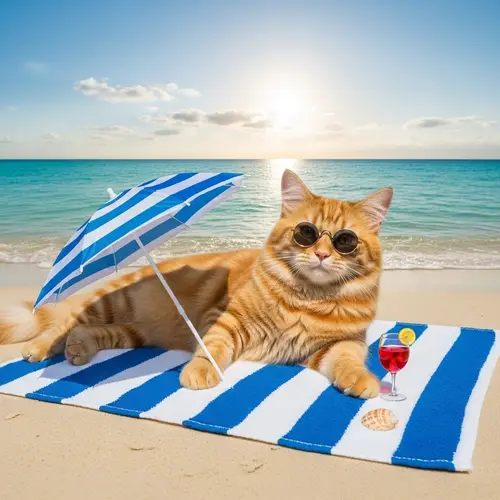 Beautiful Cat on Beach with Umbrella & Wine Glass