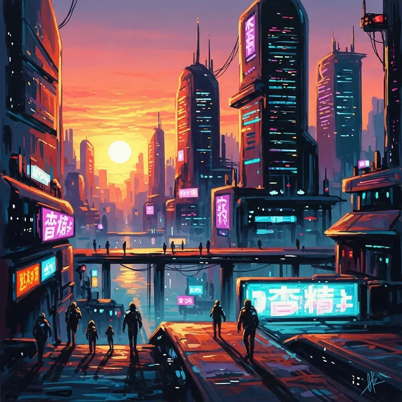 Neon Cyberpunk Cityscape Painting at Sunset