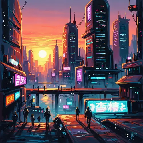 Futuristic Cityscape Oil Painting at Sunset