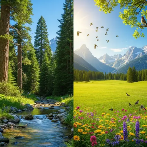 Tranquil Landscape with Forest, Stream, Meadow & Mountains