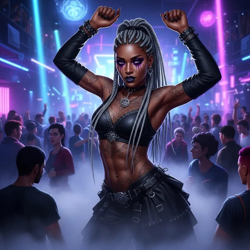 Futuristic Gothic Black Woman with Wild Style in Neon Nightclub