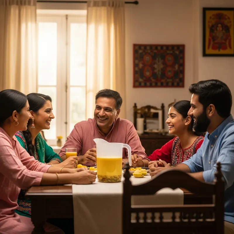 Authentic Indian Family Relaxing with Aam Pana Drink at Home
