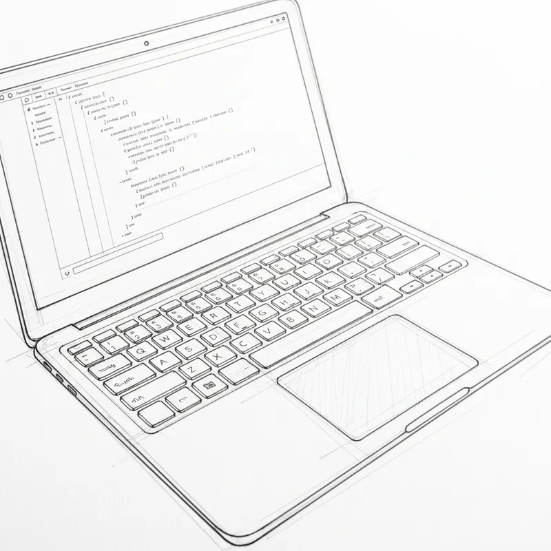 Detailed Laptop Sketch in Pencil on White Paper