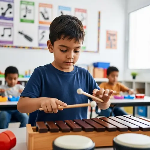 Hispanic Boy Expressing Emotion in Music Class