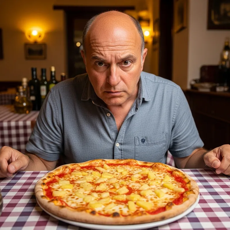 Average Build Bald Italian Man Looking at Pineapple Pizza