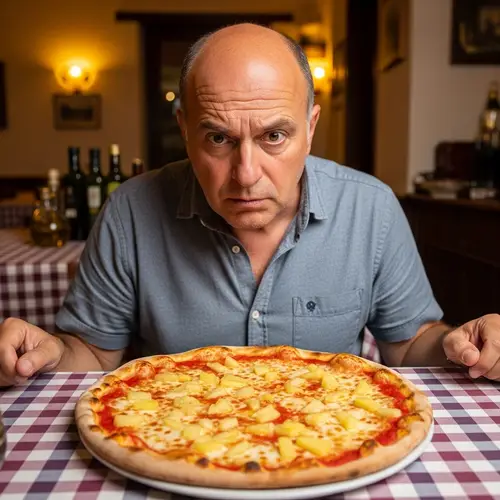 Bald Italian Man Admiring Pineapple Pizza
