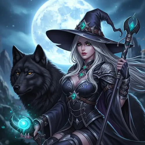 Witch with Porcelain Skin and Black Wolf under Moonlight