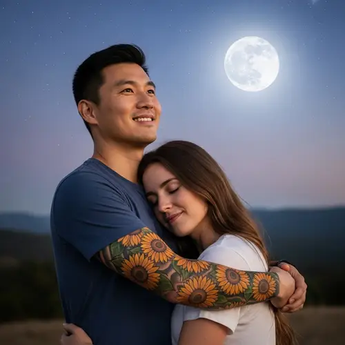 East Asian Man with Sunflowers Tattoo Embracing Caucasian Woman Under Moonlight